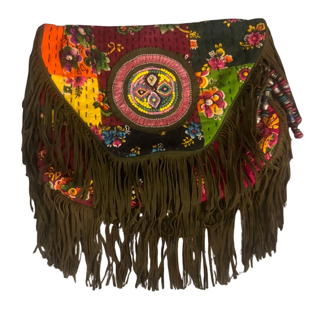 Antik Batik Quilted Cotton, Beaded and Suede Fringe Oversized Clutch